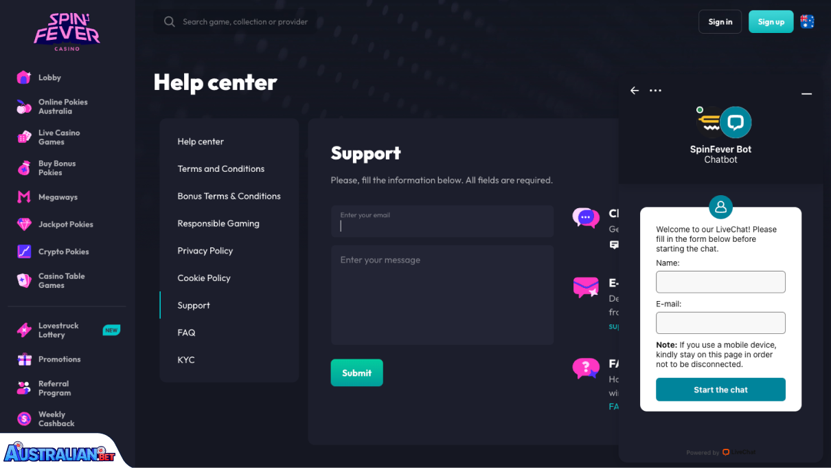 SpinFever Casino Customer Support