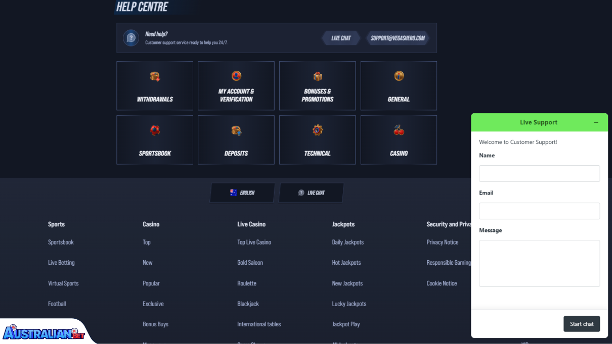 VegasHero Casino Customer Support