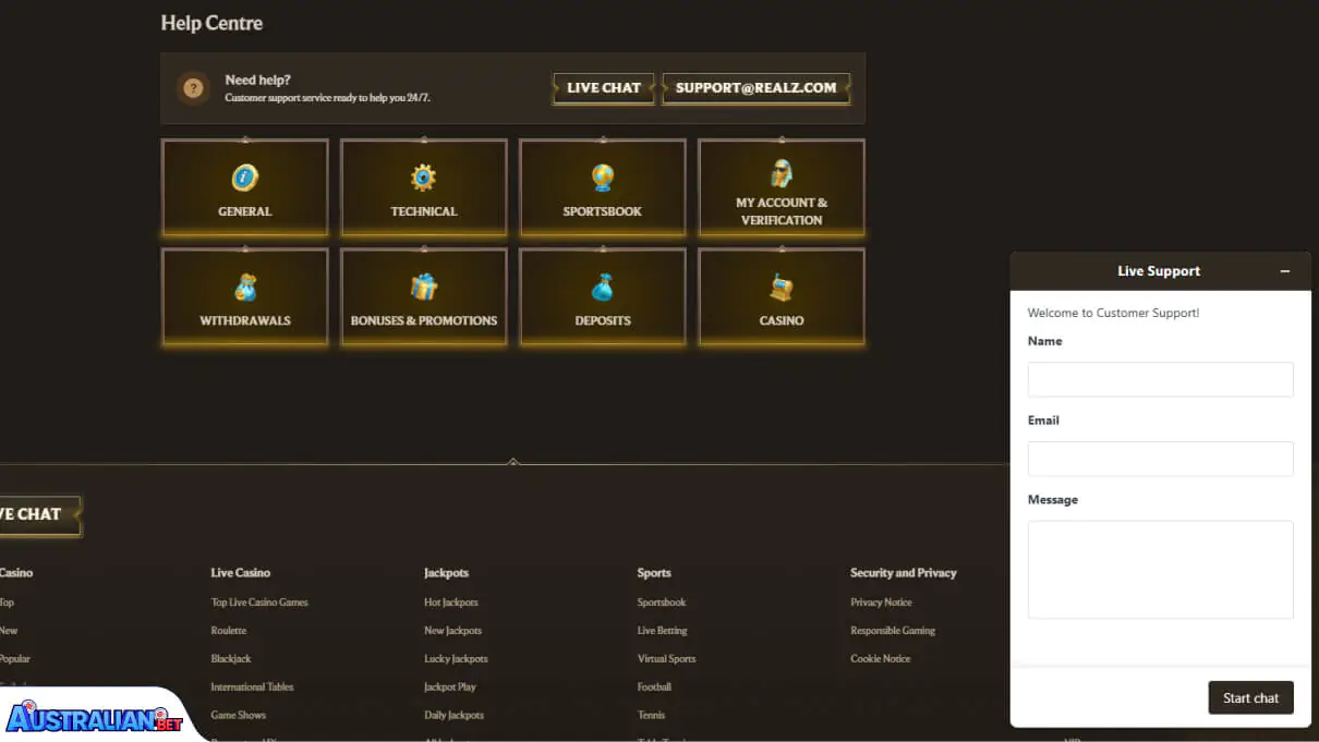 Realz Casino Customer Support