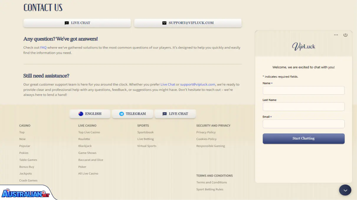 VIPLuck Casino Customer Support